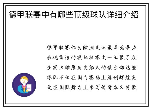 德甲联赛中有哪些顶级球队详细介绍